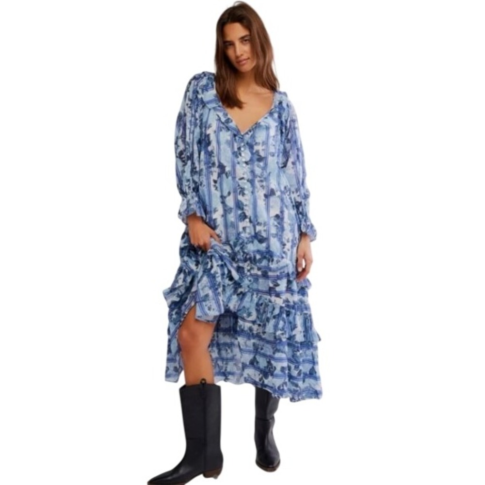 Free People Garden Wonders Blue Floral Maxi Dress NWT Size Small